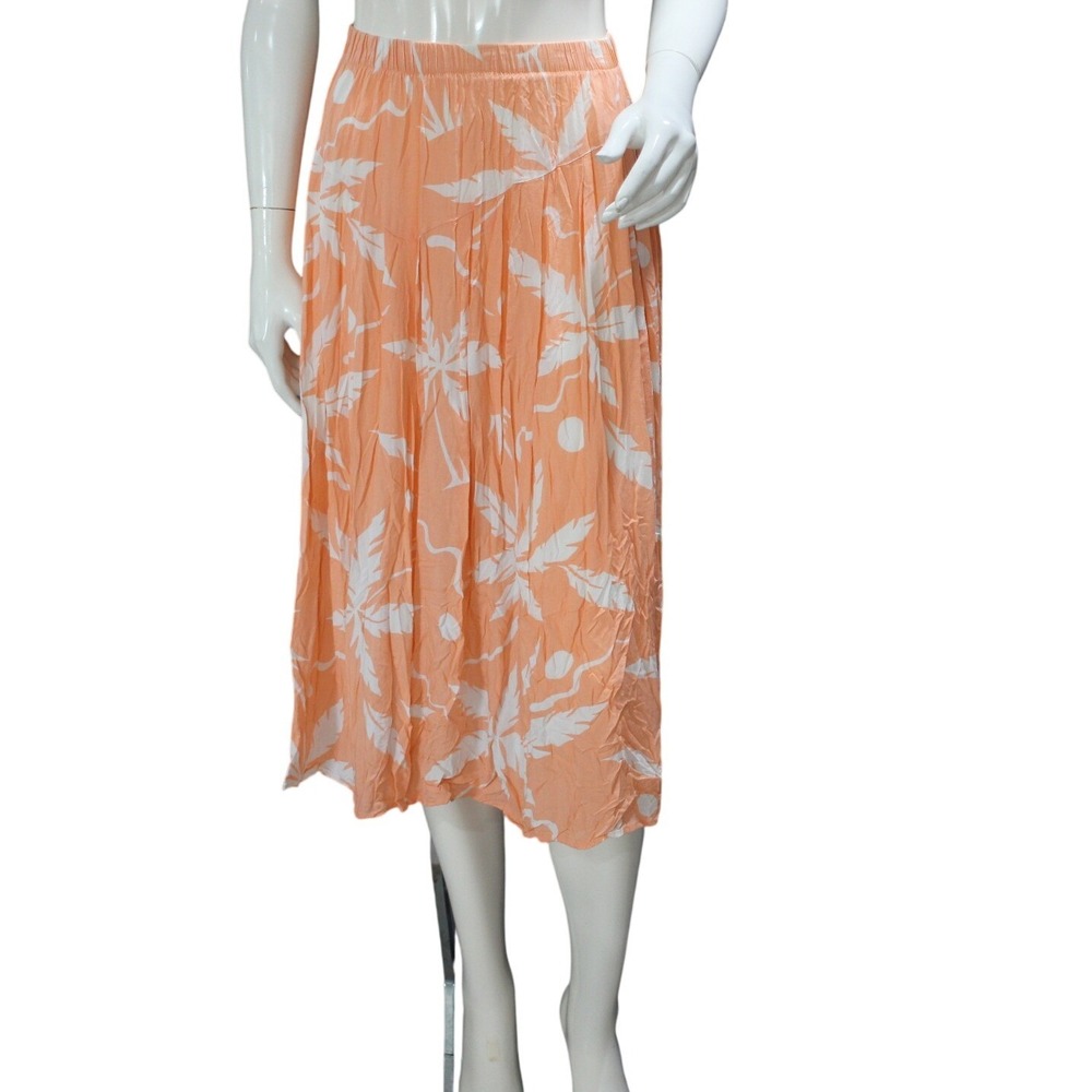 Vintage 90s Tropical Rayon Midi Skirt Peach White XS‎ S